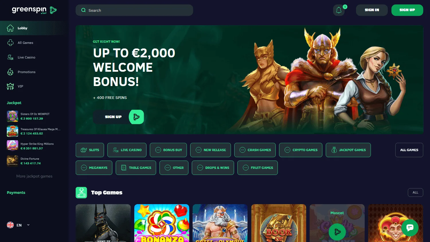 Greenspin Casino home experience on a desktop screen