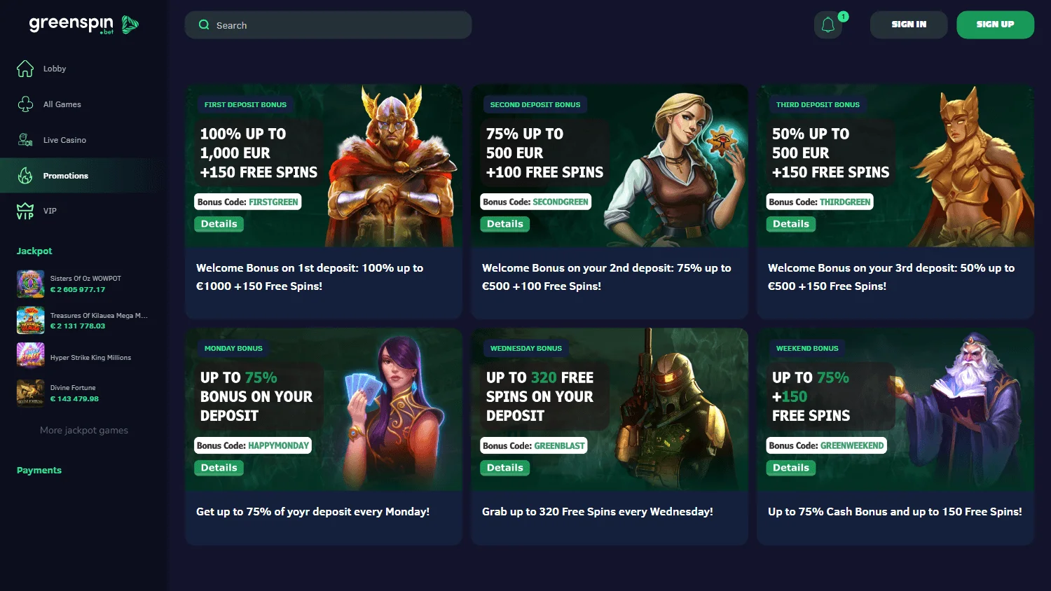 Greenspin Casino promotions and welcome offer on desktop