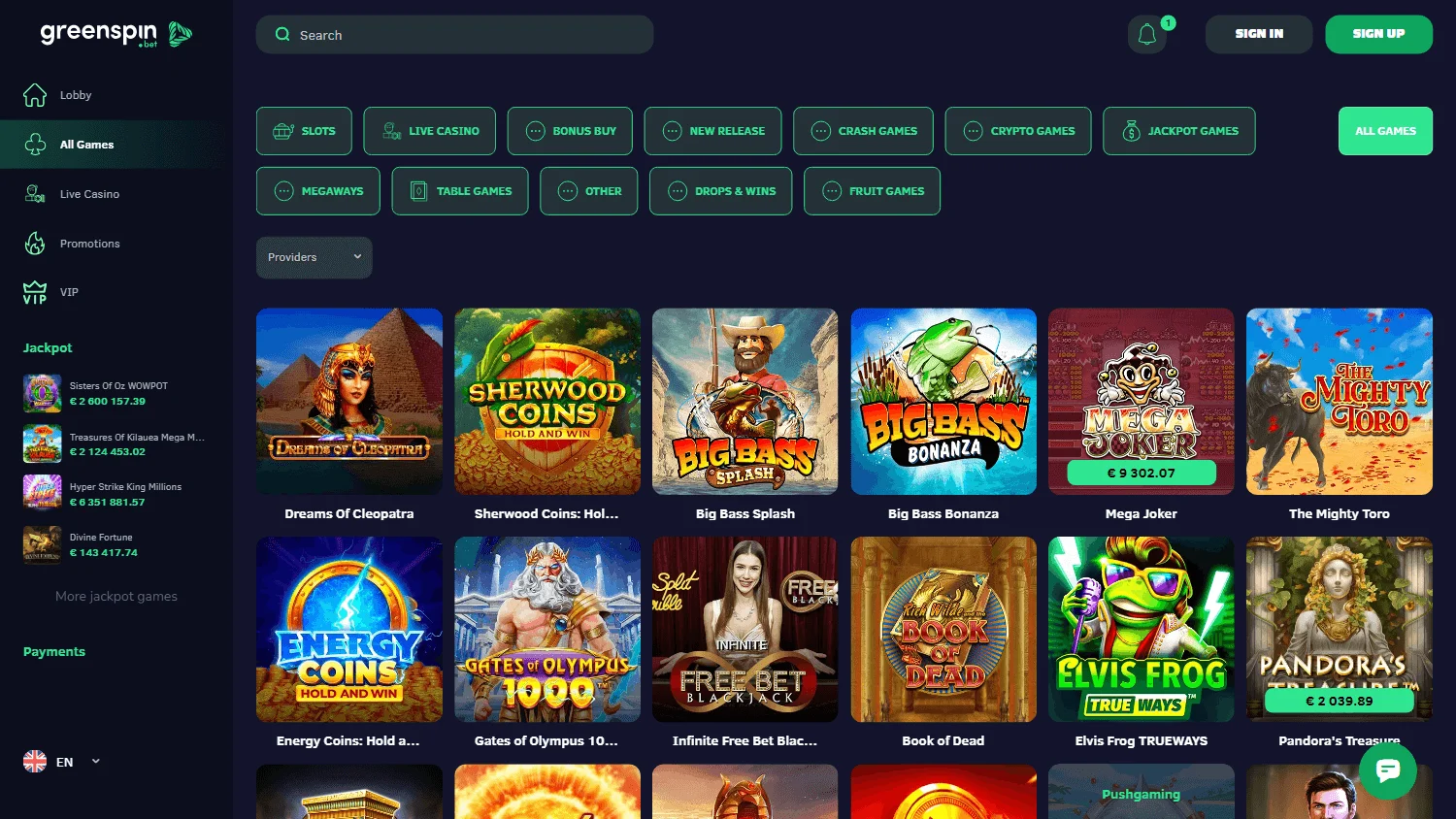 Greenspin Casino casino game selection on desktop
